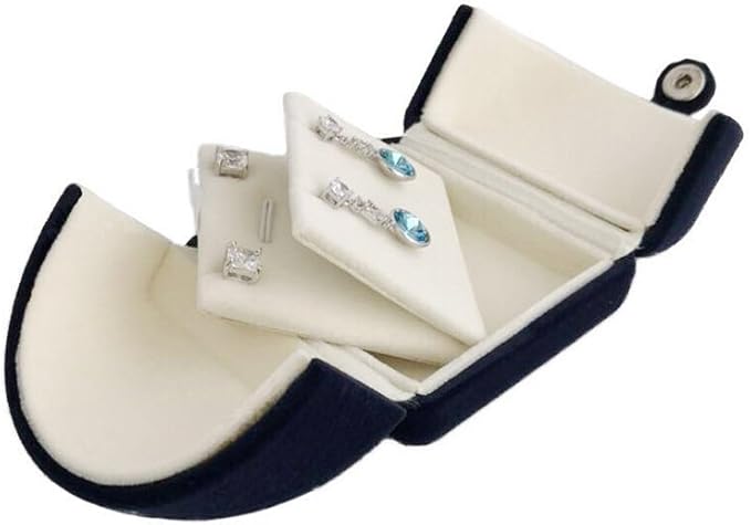 Navy Blue Velvet Premium Grade Jewelry Box for Earrings Necklace Double Layer Modern Unique Design Packaging Gift for Her (Jewelry is not included)