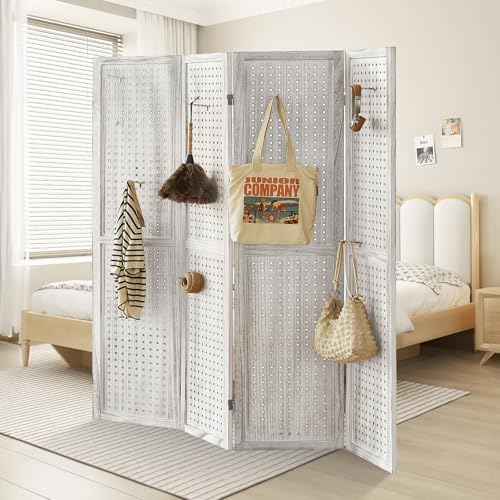 4 Panel Pegboard Display with 16 Hooks, Wooden Room Divider Wall and Folding Privacy Screens, Partition Room dividers, Pegboard Room Divider, Jewelry Store, Retail Store, Bedroom, White - Image 7