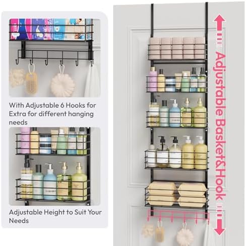 SWTYMIKI Over The Door Organizer - Door Organizer Hanging with 5 Adjustable Metal Large Capacity Basket and 6 Coat Hook, Wall Mounted Shelf for Bedroom Closet Bathroom Laundry Pantry Cabinet Kitchen - Image 5