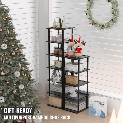 MHXW SXPN Bamboo Free Standing Shoe Rack Shelf Multi Tier Tall Wooden Stackable Shoes Rack Organizer for Closet Front Door Entrance Narrow Vertical Shoe Storage (Black, 12 Tiers) - Image 3