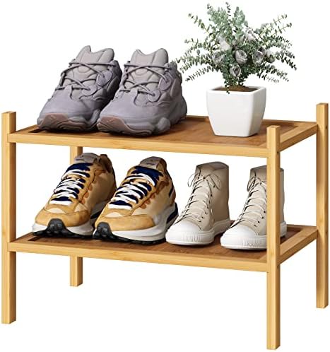kiplant Small Shoe Rack, 2-Tier Bamboo Wood Shoe Rack for Entryway, Stackable Shoe Organizer for Hallway Closet, Free Standing Shoe Racks for Indoor & Outdoor by kiplant