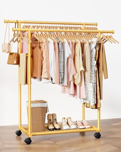 Sakugi Double Rods Clothes Rack - Metal Clothing Rack with Fixed Double Rods, Rolling Wheels & Built-In Shelf for Closet, Bedroom, Laundry Storage (39" x 17" x 60", Gold) - Image 3