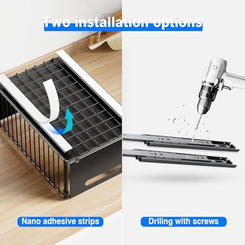 Mustorn 2 Pack Pull Out Cabinet Organizer, Slide Out Drawers for Cabinets, Peel and Stick, Heavy Duty Shelves for Kitchen, Cupboard, Pantry, Bathroom (14.76" D*9.65" W*7.87" H-Black) - Image 5