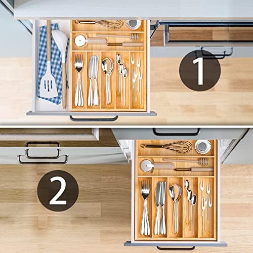 Flatware Organizer Silverware Drawer Organizer - 7 Slots Bamboo Cutlery Tray Multipurpose kitchen Drawer Organizer for Silverware, Utensils, Cutlery, Flatware, Knives W13”x L17” (Yellow) - Image 3