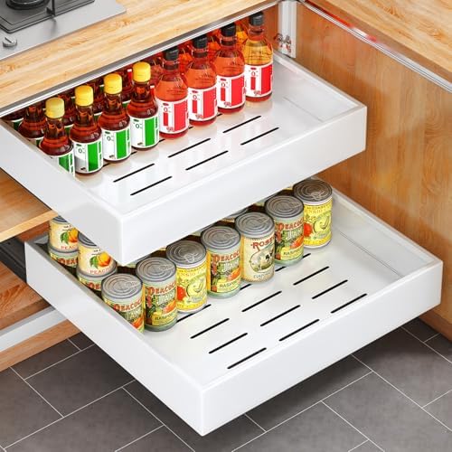 2Pack Pull out Cabinet Organizer, 21"Deep, 20"Wide Full-extension Heavy Duty Slide out Drawers Fixed with Adhesive Nano, Roll Out Shelves Sliding Cabinet for Kitchen,Bathroom,Pantry,Under Sink(White) by Kitstorack