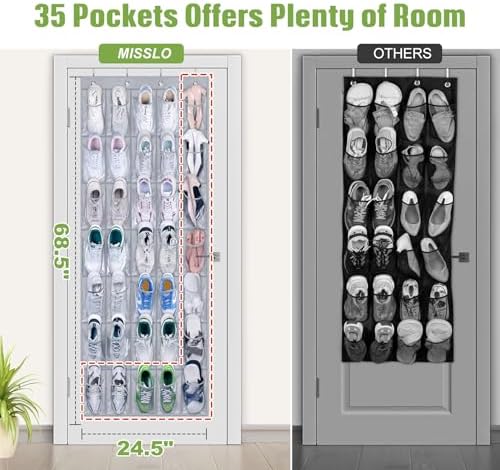 MISSLO 35 Clear Large Pockets Over The Door Shoe Organizer Sturdy Oxford Fabric Hanging Shoe Rack Closet Shoe Holder Hanger, Grey - Image 2