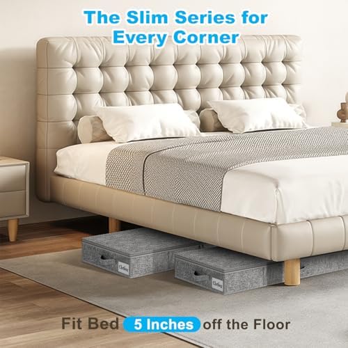 Under Bed Storage Container Bins 2 Pack, 5 Inch Thin Low Profile Underbed Clothes Storage Organizer for Dorm & Home, Use for Blanket and Toy Storage Box W/ Sturdy Bottom/Sides, Foldable Thick Fabric - Image 3