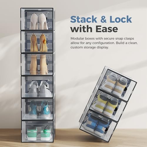 DUMOS Shoe Storage Boxes, 12-Pack Stackable Clear Shoe Containers with Lids, Display Sneaker Case Organizer for Closet, Under Bed, Entryway, Black, Fit Size 11 - Image 4