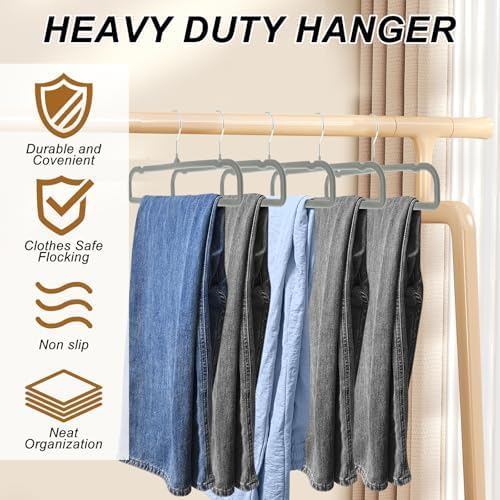 Pants Hangers Space Saving, 30 Pack Velvet Hangers for Closet with 30 Hooks, Strong Durable Non Slip Slim Clothes Hanger, Ultra Soft Flocked Hanger for Pants, Shirts, Bra, Shorts (Grey) - Image 3