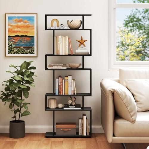 6 Tier S Shaped Bookshelf, Wood Geometric Bookcase, Modern Room Divider and Display Shelf, 64" Tall Staggered Bookshelf for Bedroom Living Room Office Study (1, Black) - Image 5
