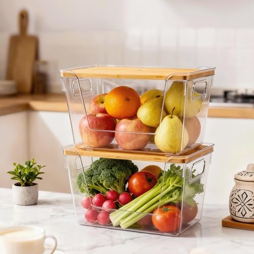 Criusia 2 Set Pantry Organizers and Storage with Bamboo Lids, Stackable Clear Bins for Onion, Potato, Fruit, Vegetables, Trash Bag Dispenser, Kitchen and Under Sink Organizer - Image 3