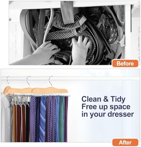 TOPIA HANGER Tie Rack Hanger for Closet, Wooden Tie Organizer for Men with 24 Folding Hooks, Space Saving Necktie Holder for Storage and Display Bra, Tank Top, Camisole (1-Pack), Natural- CT14N - Image 4