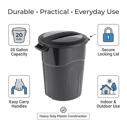 20 Gallon Heavy Duty Trash Can with Secure Click-Lock Lid – Durable All-Weather Plastic Garbage Bin for Outdoor Patio, Garage, Kitchen & Commercial Use – Black Utility Container