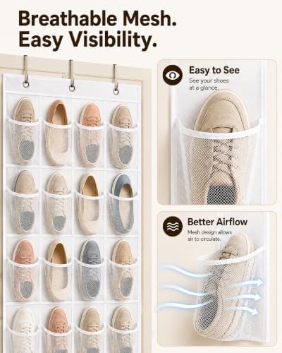 Over The Door Shoe Organizer with 24 Large Breathable Mesh Pockets - Image 3