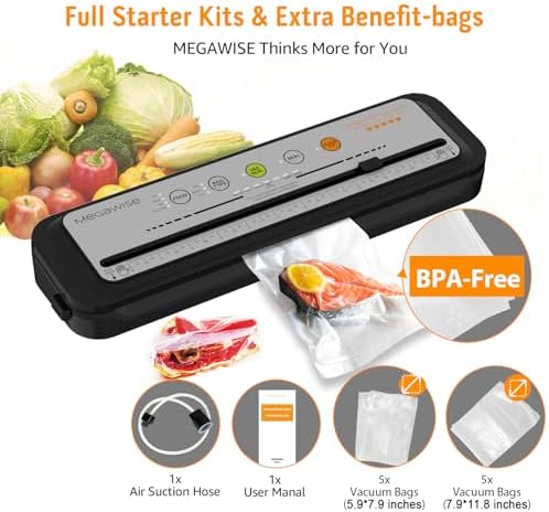 Updated Vacuum Sealer Machine 2025, MEGAWISE Food Sealer w/Starter Kit, Dry & Moist Food Modes, Compact Design with 10 Vacuum Bags & Built-in Cutter (Grey) - Image 3