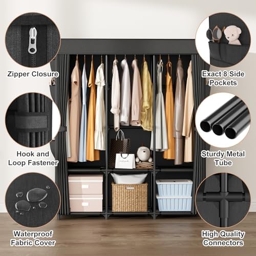 Wardrobe Closet Portable Closets for Hanging Clothes Large Capacity Clothes Rack with Cover, 3 Hanging Rods, 6 Shelves and 8 Pockets, Strong and Stable Free Standing Closet for Bedroom, Black - Image 4