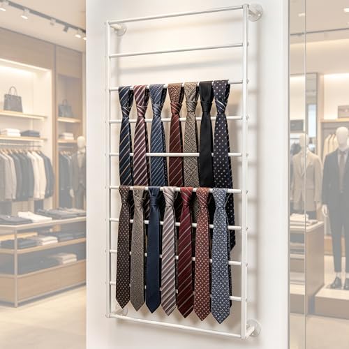 10 Tier Wall Mounted Tie Rack Scarf Display Stand Belt Pants Hangers Scarves Hijab Stand, Towel Rack Ribbon Holder,Wrapping Paper Spool Storage for Retail,Store (White, 10 Tier 23.6x47.2in) - Image 2