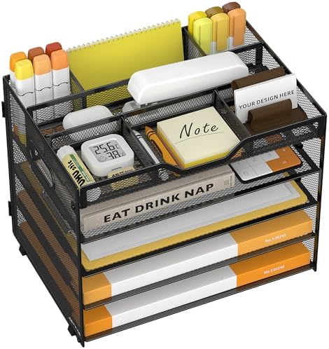 5 Tier Paper Letter Tray Desk Organizer with Pen Holders - Black by OrgMate