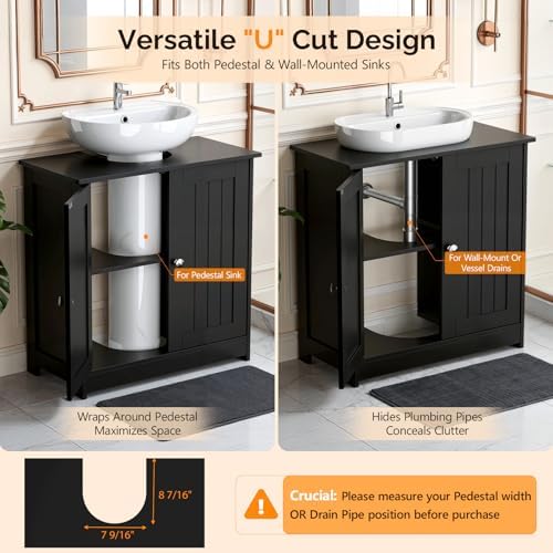 Bonnlo Pedestal Sink Storage Cabinet, 24" Black Under Sink Bathroom Storage Cabinet with 2 Doors and Adjustable Shelf, Traditional Bathroom Space Saver Organizer for Small Spaces, Water-Resistant - Image 6