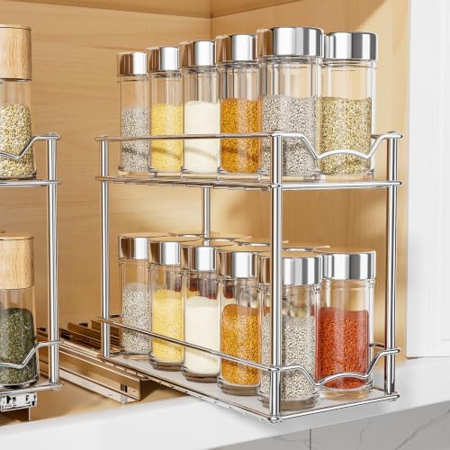 MUDEELA Pull Out Spice Rack for Inside Cabinet, 2 Tier Chrome Spice Organization for Cabinet, Vertical Sliding Out Spice Rack Organizer for Seasoning, 10.4''D×4.8''W×9.3''H by MUDEELA