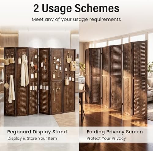 6 Panel Pegboard Room Divider, Folding Privacy Screen, Brown - Image 2