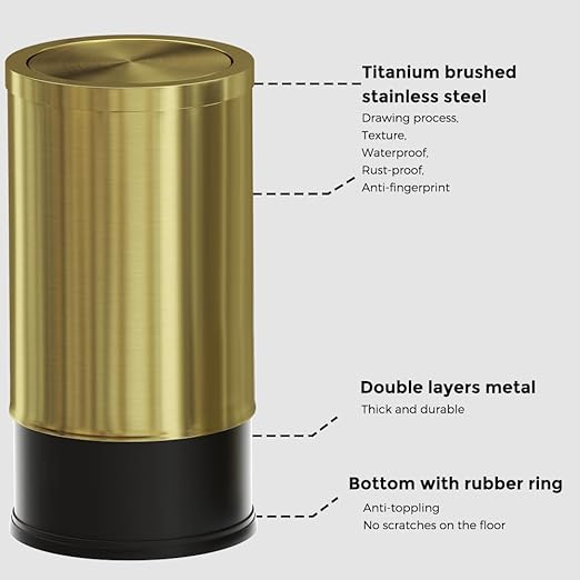 9 Liter/2.4 Gallon, Gold Trash can with Swing lid, Brass Small Trash can, Gold Trash Bin with Lid for Office, Living Room,Bathroom，Restaurant Bathroom