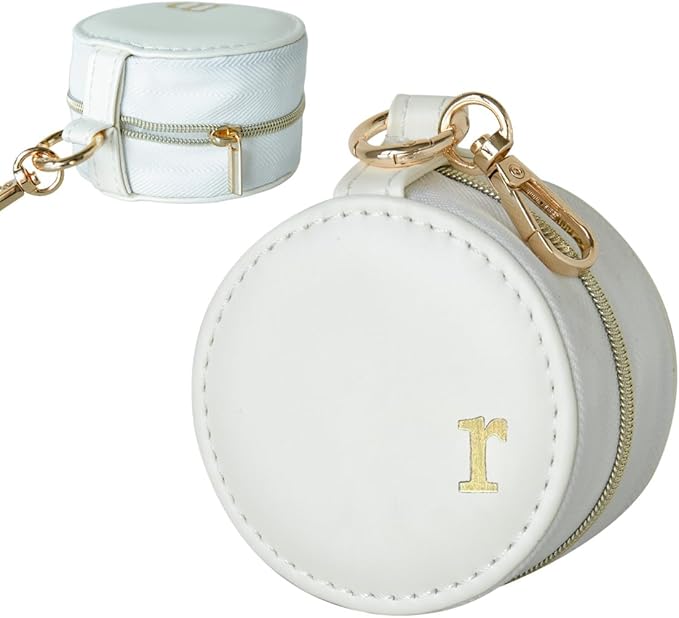 COLLECTIVE HOME - Monogrammed Letter Jewelry Case, Portable Travel Ring Holder Box with Keychain, Personalized Initial Organizer for Earrings Necklaces, Gift for Her (White-r)