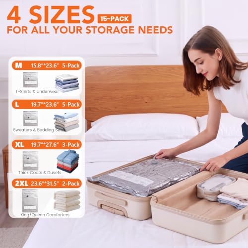 Vacuum Storage Bags with Electric Pump,15 Pack 4 Sizes Thickened Space Saver Bags,Airtight Leak-Proof Compression Bags for Clothes,Comforters,Blankets,Bedding,Reusable Closet Organizer for Home Travel - Image 3