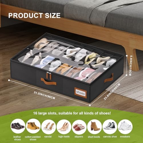 homyfort Shoe Organizer Under Bed, Fits 32 Pairs, Under bed Shoe Storage Boxes with Study Handles and Clear Cover, zapateras organizer for shoes, set of 2 - Image 2