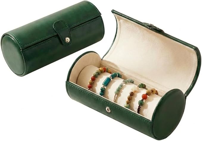 Jewelry Box for Bracelets – Vintage Leather Cylindrical Bangle Box Large Capacity Organizer for Cuffs, Bead Bangles, Travel Storage Case