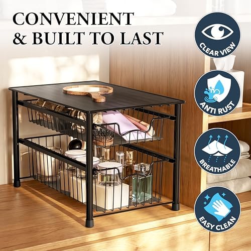 Simple Houseware Stackable Sliding Basket Organizer Drawer, Black, 2-Tier - Image 5