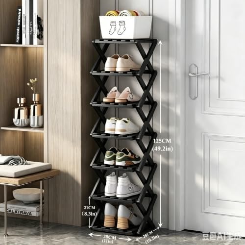 7 Tier Foldable Shoe Rack, Bamboo Vertical Shoe Organizer Tall for Multifunctional Narrow Shoe Shelf for Entryway, Closet, Corner, Bedroom, Hallway(Black) - Image 2