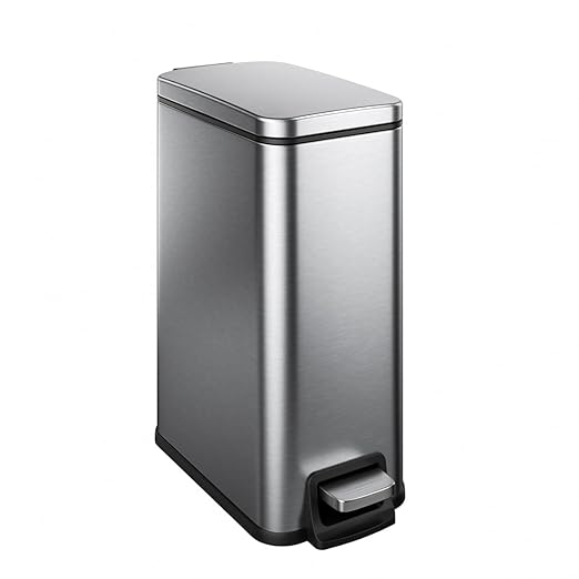 Slim Bathroom Trash Can with Lid Soft Close, 1.6 Gallon Stainless Steel Garbage Can with Removable Inner Bucket, Durable Step Pedal, Small Trash Bins for Toilet, Bedroom, Kitchen, Office