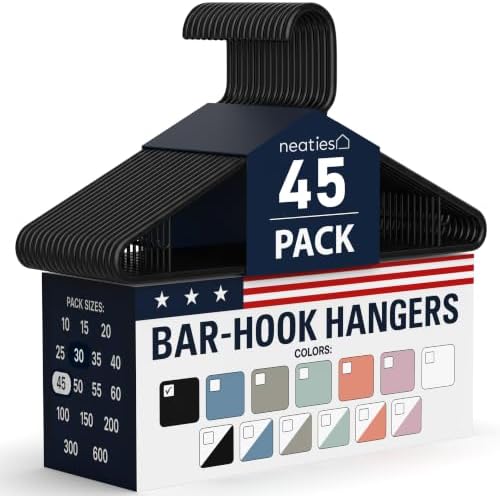 Plastic Hangers 45 Pack – Made in the USA – 6lb Capacity Standard Clothes Hangers with Strap Hooks for Dresses, Lingerie, Shirts, Pants, and Jackets – Black by NeatiesHangers