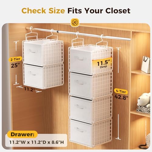 4 Tier Hanging Closet Organizer with 4 Drawers, White - Image 2