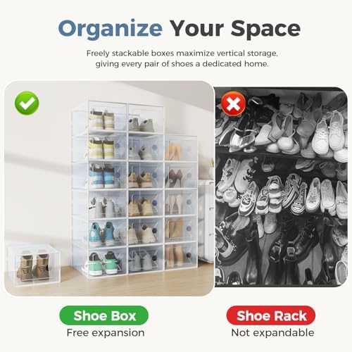 DUMOS Shoe Storage Boxes, 15 Pack Stackable Clear Shoe Containers with Lids, Display Sneaker Case Organizer for Closet, Under Bed, Entryway,White, Fit Size 11 - Image 6