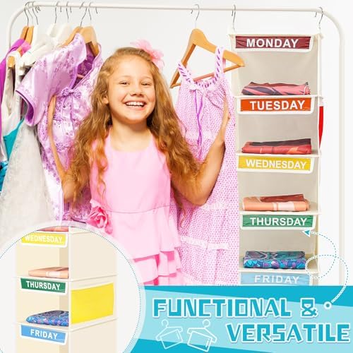 Amylove 2 Pcs 7 Shelf Weekly Clothes Organizer for Kids Hanging Closet Organizer 11. 8 x 11. 8 x 50 Inches Daily Activity Kids Clothes Storage Drawers Cube Drawers Closet Hanging Shelves(Beige) - Image 5