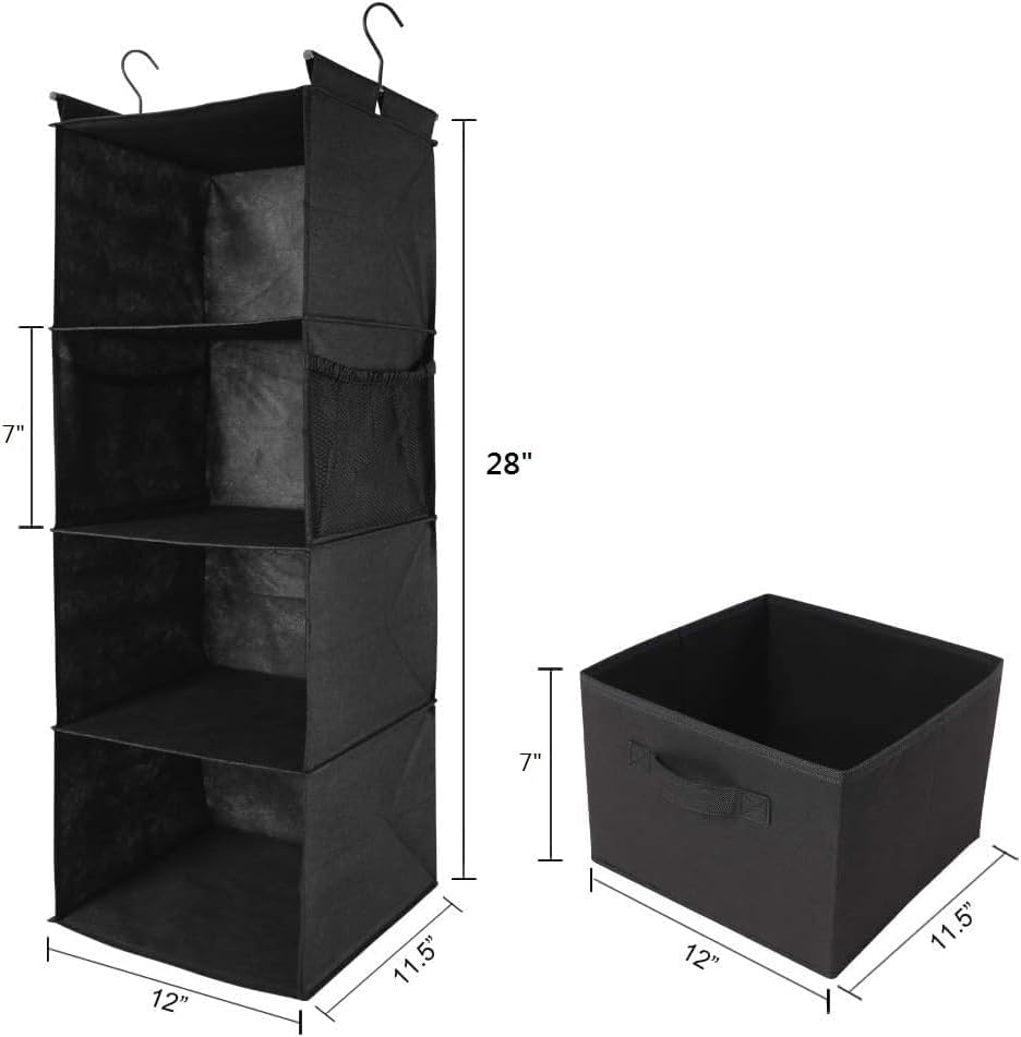 MAX Houser 4-Shelf Hanging Closet Organizer, Space Saver, Cloth Hanging Shelves with 2 Side Pockets, Foldable (Black) - Image 2