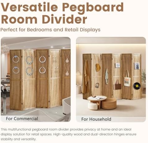 6 Panel Pegboard Display with 24 Hooks, Pegboard Room Divider and Folding Privacy Screens, Partition Room dividers, Wooden Room Divider Wall, Jewelry Store, Bedroom, Balcony, Light Brown - Image 5