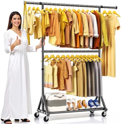 100% Stainless Steel Heavy Duty Clothes Rack Load 860 LBS, Two Tier Rolling Garment Rack with Wheels, Adjustable Double Rod Clothing Rack for Hanging Clothes, Closet Rack for Storage and Organization by FYBEE