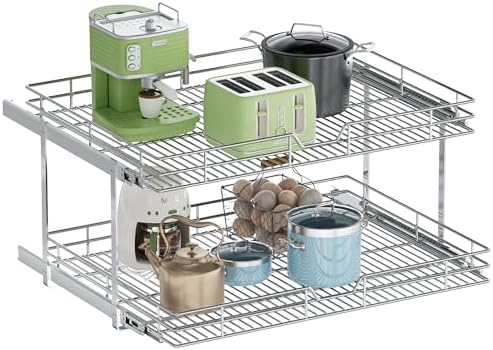 2-Tier Pull Out Cabinet Organizer, 28.5" W x 21.5" D, Heavy Duty Dual Slide Out Shelves for Wide Base Cabinets, Chrome Wire Basket Drawer for Pots, Pans, Pantry & Cleaning Supplies by Unknown