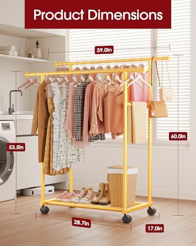 Sakugi Double Rods Clothes Rack - Metal Clothing Rack with Fixed Double Rods, Rolling Wheels & Built-In Shelf for Closet, Bedroom, Laundry Storage (39" x 17" x 60", Gold) - Image 2