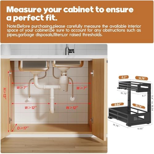 1-Pack Under Sink Organizers and Storage,2-Tier L Shape Pull Out Cabinet Organizer With Round Tube Slide Rails,Hight Adjustable Slide Out Drawers for Kitchen&Bathroom,Multi-Purpose Storage Shelf-Black - Image 2