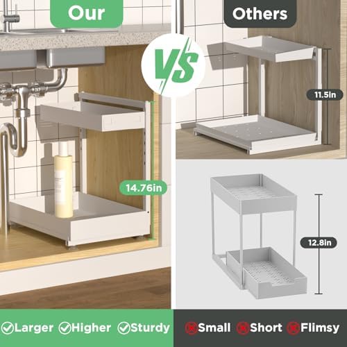 Under Sink Organizer Bathroom Kitchen: 2 Pack 2 Tier Metal Under Cabinet Storage with Height-adjustable Shelf and Pull out Rack for Pantry Vanity Cupboard Counter Countertop, White - Image 2
