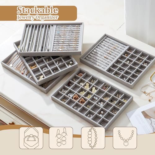 Large Jewelry Organizer for Drawer Insert Velvet Stackable Jewelry Trays for Earring Necklace Bracelet Ring Display (Gray, 35 Grids) - Image 6