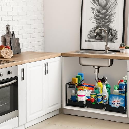3 Pack, Under Sink Organizer 2-Tier with Slide Out Lower Drawer - Metal Pull Out Cabinet Organizer for Kitchen Bathroom, Includes Removable Center Basket & Storage Shelves, Space Saving Design - Image 5