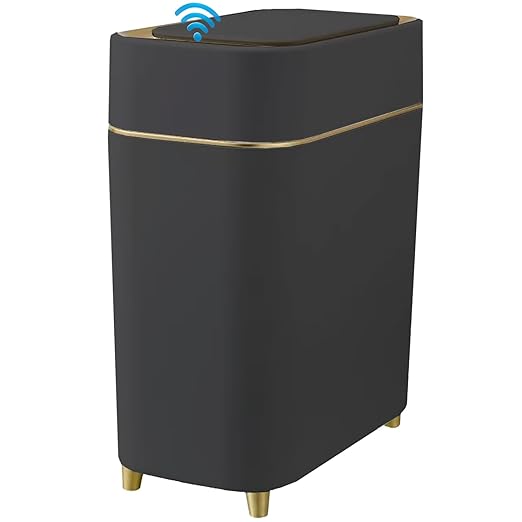 Yatmung Automatic Bathroom Trash Can with Touchless Lid - Slim Motion Sensor Trash Can - Bathroom, Bedroom, Kitchen, Laundry Room, Small Spaces - Compact Smart Trash Bin - Black with Gold Edge, 1Pack