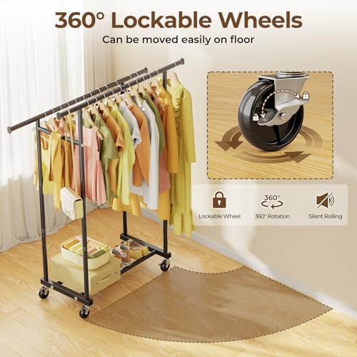 HYSEYY Double Rods Clothes Rack, Rolling Clothing Rack for Hanging Clothes Portable Wardrobe Rack, Metal Garment Rack Sturdy Coat Rack for Bedroom Laundry Living Room, Black - Image 4