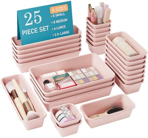 Kutesna 25 PCS Pink Drawer Organizer Set, 4 Size Interlocking Plastic Storage Bins for Office Supplies, Jewelry Makeup Vanity, Bathroom Kitchen, Home Organization Closet, Gadgets Small Items by Kutesna