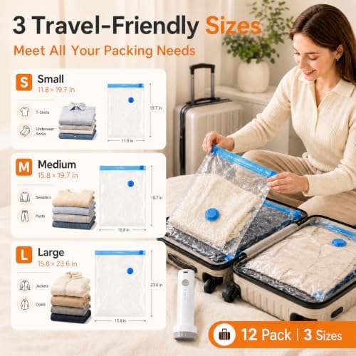 12 Pack Vacuum Bags for Travel with Rechargeable Pump, Save Luggage Space - Image 5